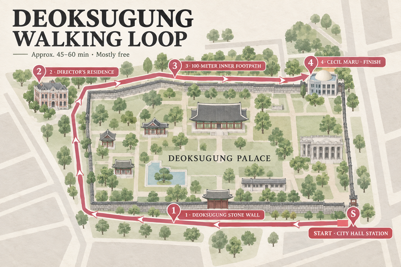 Illustrated walking route around Deoksugung Palace from City Hall Station to Cecil Maru