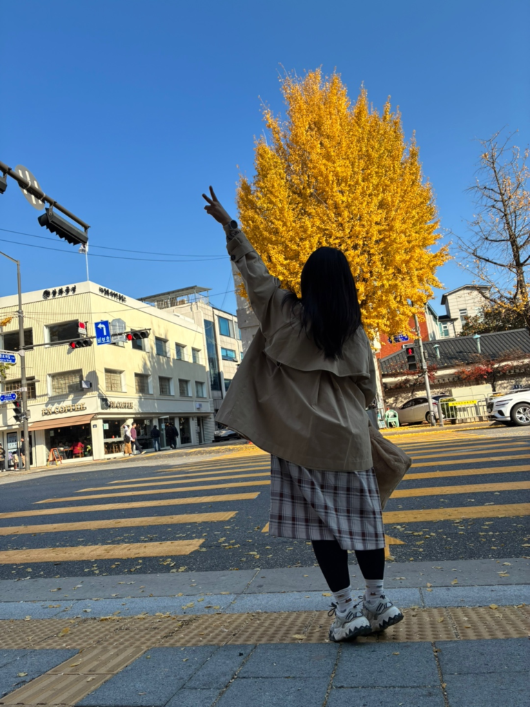 A traveler posing in front of a bright yellow ginkgo tree in Seoul